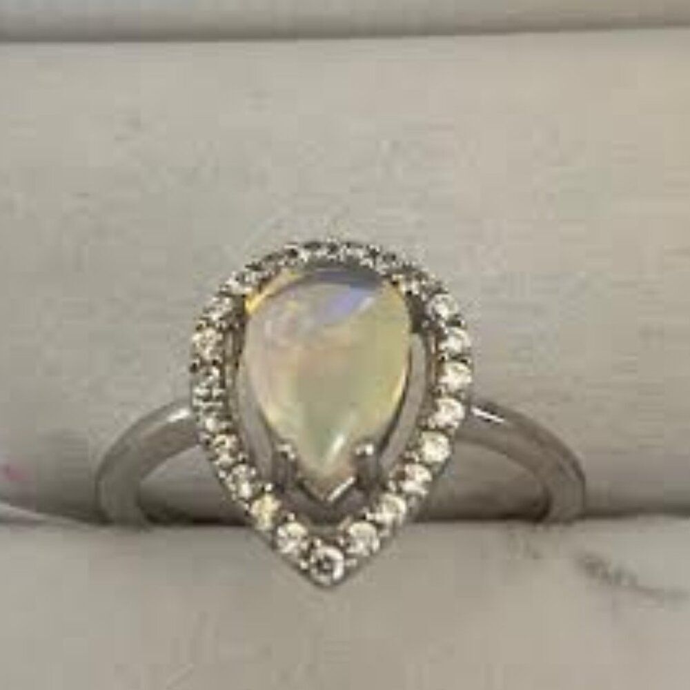 Sterling Silver Pear cut natural Opal ring, size 6.5